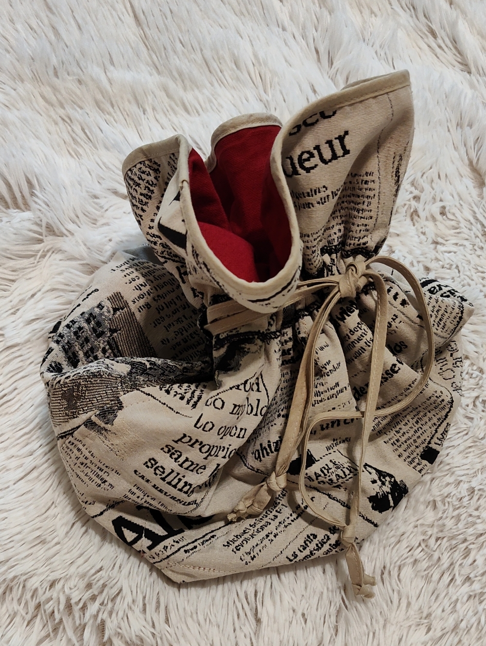 Vintage Style Drawstring Pouch Black Cream Newsprint Red Lining Travel Organizer